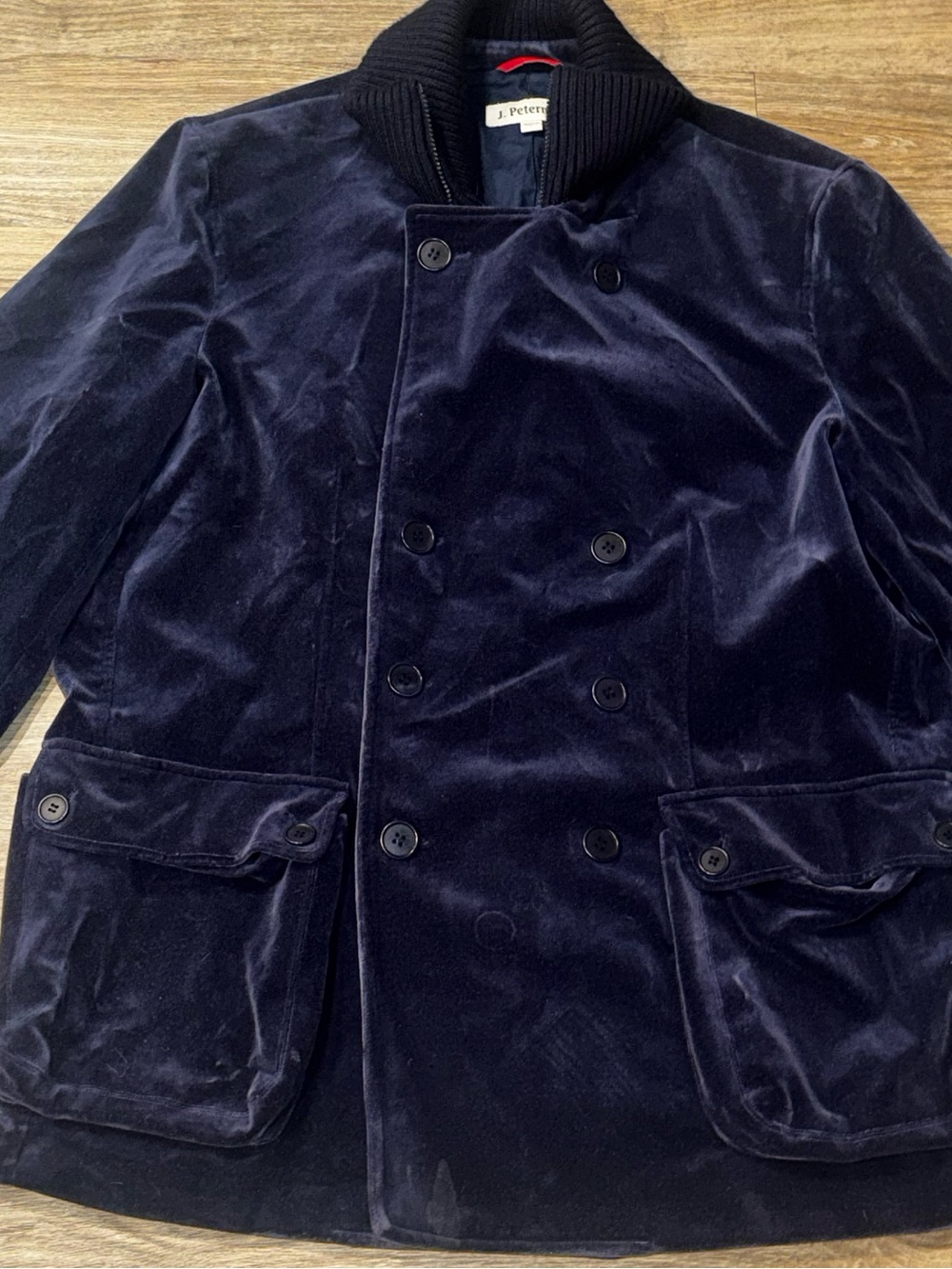 J. Peterman Navy Velvet Double-Breasted Pea Coat 100% Cotton Large